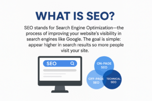 An infographic titled "WHAT IS SEO?" showing a desktop monitor with "SEO" in the search bar. Next to it are three overlapping circles labeled "ON-PAGE SEO," "OFF-PAGE SEO," and "TECHNICAL SEO," representing the core areas of search engine optimization.