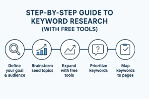 Infographic summarizing a 6-step keyword research workflow using free SEO tools, including Google Keyword Planner, Trends, AnswerThePublic, and Keyword Surfer.