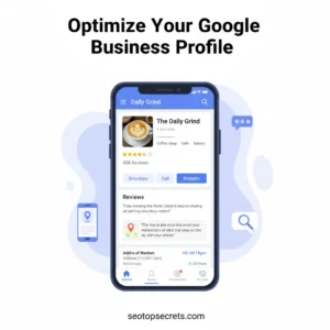 Modern flat illustration of a computer screen showing a local SEO blog post titled "Local Services in [City]," surrounded by map pins, keywords, and local search optimization icons.