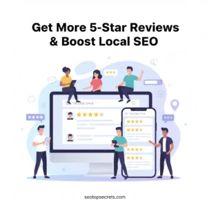 Clean flat illustration of a small business receiving 5-star customer reviews on a smartphone and computer screen, representing reputation management and customer feedback for local SEO.