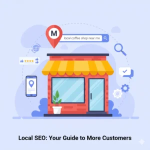 Friendly flat illustration of a Google Business Profile (GBP) displayed on a smartphone, showing the business name, location pin, contact information, and customer reviews for local SEO setup.